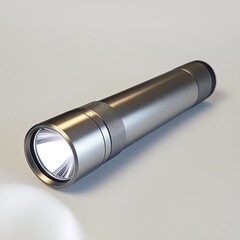 Flashlight featuring a sleek metallic body and a bright lens, illuminated softly against a neutral white background for a fresh and modern look.