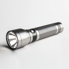 Flashlight featuring a sleek metallic body and a bright lens, illuminated softly against a neutral white background for a fresh and modern look.