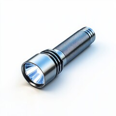 Flashlight with a polished aluminum body and a glowing lens, isolated on a pristine white background for clarity and focus.