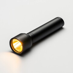 Flashlight with a streamlined black design and a glowing bulb, placed on a clean white background for a contemporary and sharp aesthetic.