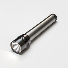 Flashlight with a slim metallic casing and a bright light, softly illuminated on a white background for a contemporary and refined look.