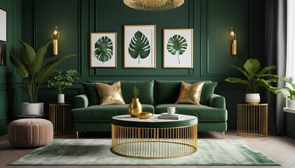 Stylish and luxurious living room with a green and gold theme. The centerpiece is a plush green velvet sofa adorned with gold and green throw pillows.