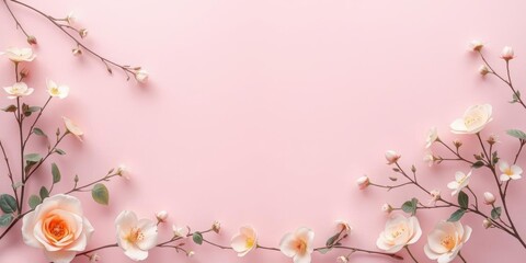 Fototapeta premium Delicate Pink Flowers Frame Spring Blossom Floral Border Wedding Romance Feminine Pastel Background