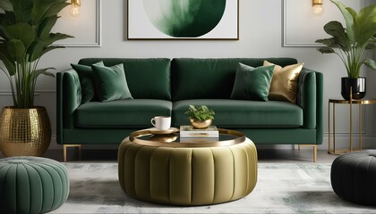 Elegant living room with a luxurious green and gold theme. The focal point is a deep green velvet sofa with tufted detailing and matching green cushions. 