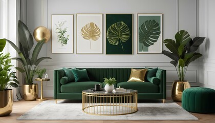 Luxurious modern living room with a green and gold color scheme. A deep green velvet sofa is the centerpiece, adorned with gold-accented cushions.