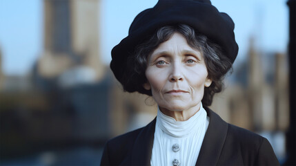 AI-generated facial reconstruction of Emmeline Pankhurst in her later years, based on iconic 20th-century images.  