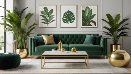 Luxurious modern living room with a green and gold color scheme. A deep green velvet sofa is the centerpiece, adorned with gold-accented cushions.