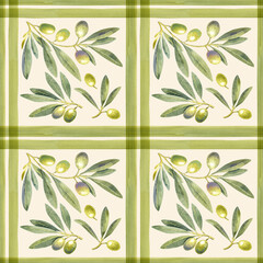 Seamless pattern watercolor green purple olives branch plaid stripes. Hand painted floral illustration olive fruit, tree branches, leaves beige background. Drawings food. Edible foliage. Wrapping