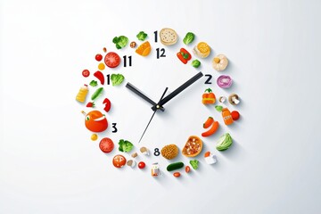 Creative clock design featuring food icons as numbers, illustrating fast grocery delivery concept with a modern and sleek style