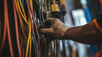 A construction worker's hand carefully connects electrical wiring inside a building frame, ensuring safe and precise installation.