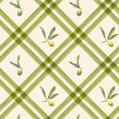 Seamless pattern watercolor green olives branch plaid tartan stripes. Hand painted floral illustration olive fruit, tree branches, leaves beige background. Drawings food. Edible foliage. Wrapping