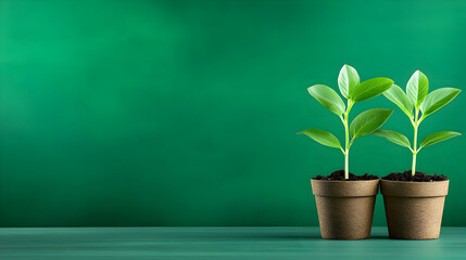 Peat pots with seedlings on green wooden background 