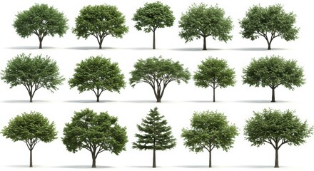 Collection of Different Tree Species Isolated on White Background for Landscaping