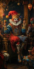 Ornate clown raising toast amid lavish, cluttered setting, sinister smile.