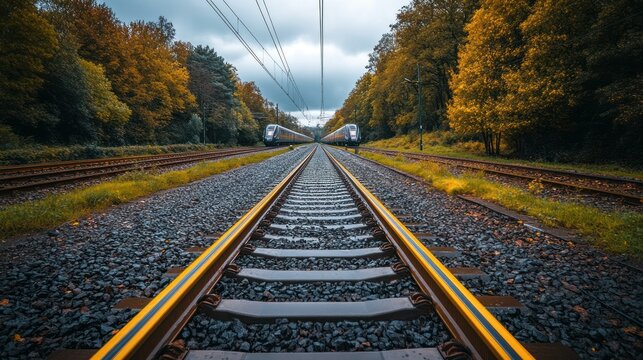 Autumnal railway tracks stretch into the distance, framed by a forest.  Two trains are visible in the background
