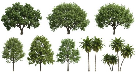Isolated Tree Collection on White Background Featuring Different Tree Types