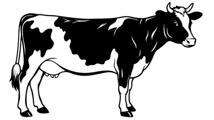 Black and White Holstein Cow Silhouette Illustration in Side View isolated on white background
