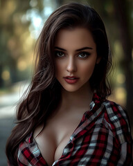 Fototapeta premium Woman with long brown hair and a red plaid shirt. She has a big bust and is smiling