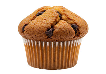 A golden brown muffin filled with dark chocolate chips isolated on transparent background