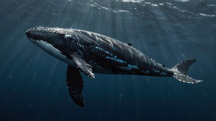 Fototapeta premium Whale swimming underwater, sunbeams
