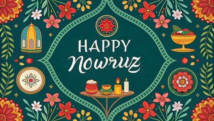 Fototapeta premium A vibrant Nowruz celebration bursts with floral splendor, traditional food, and symbolic objects, showcasing a rich cultural heritage in warm, inviting colors.