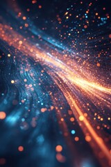 Fototapeta premium Cosmic Flow: An abstract artwork depicts a dynamic flow of energy with orange and blue hues, resembling a digital stream of data or celestial phenomenon. The image captures movement, energy.