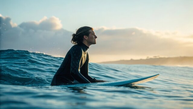 Focused young male surfer in wetsuit calmly waiting on surfboard in the ocean water during early morning light with anticipation and connection to nature - Powered by Adobe