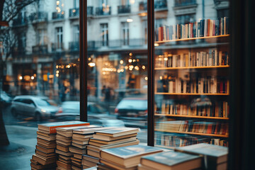 Obraz premium Cozy bookstore window scene with stacked books and blurred city street outside in warm light for reading, urban lifestyle and literature concepts