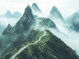 Solitary figure hikes misty mountain ridge path.