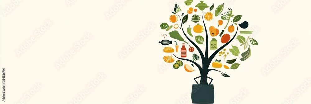 Poster conceptual illustration of a tree growing from a grocery bag with food elements representing sustain