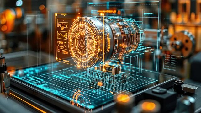 Digital Blueprint: The image showcases a futuristic digital blueprint of a mechanical component, likely an engine or machinery element, superimposed onto a tablet in an industrial environment.