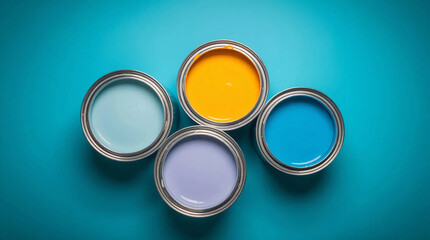 High angle perspective, top view of open paint cans