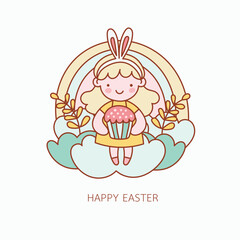 cheerful outline of girl in nursery setting holding cupcake under rainbow, perfect for Easter celebrations