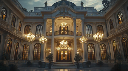 grand classical estate with illuminated chandeliers at dusk