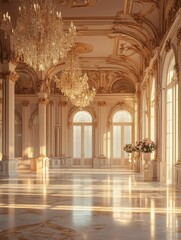 Fototapeta premium Elegant ballroom with chandeliers golden light and marble floor.