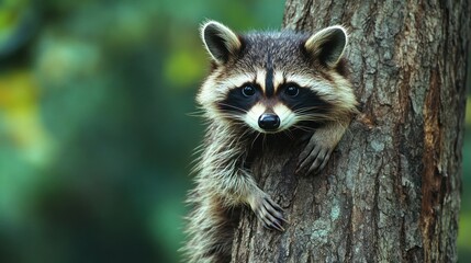 Raccoon clinging to tree trunk in forest (2)