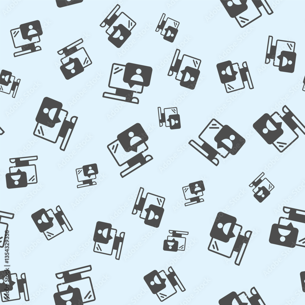 Poster computer with user message solid seamless pattern, remote work theme. vector graphics. monitor, disp