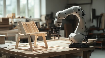 Fototapeta premium Robotic arm assembling wooden chair in a workshop