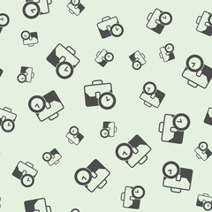 Briefcase with clock solid seamless pattern, remote work theme. Vector graphics. Portfolio bag and task schedule sign background, filled with glyphs icon.