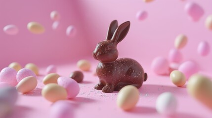 A chocolate bunny surrounded by a scattering of pastel-colored Easter eggs in shades of pink, cream, and light yellow with sparkles on the pink background.