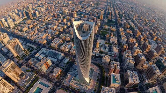 Aerial view of a futuristic skyscraper in a sprawling cityscape at sunset, showcasing urban architecture. Ideal for a video on modern city development. Live desktop wallpaper.