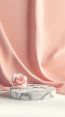 A round white marble podium with natural grey veining, set against a soft, pastel pink backdrop made of flowing fabric. A delicate pale pink rose rests at the base of the podium.
