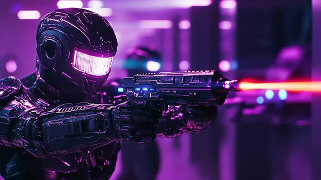 Futuristic robot soldier aiming a laser gun in a neon-lit urban environment during a battle