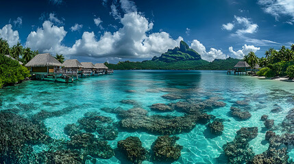 Fototapeta premium Luxury Overwater Bungalows in Tropical Paradise: An Idyllic Getaway