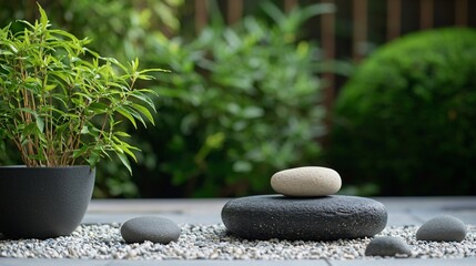 Zen Garden Serenity Stone Arrangement and Bamboo Planting Nature Scene Tranquil Environment Close-Up View