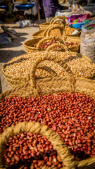 Market scene with colorful displays of spices, woven baskets, and almonds, pistachios, and walnuts, in Tunisia
