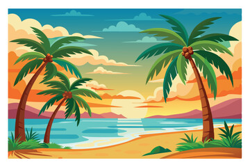 Fototapeta premium Tropical Paradise: A vibrant and colorful illustration of a tropical beach at sunset, featuring palm trees swaying gently in the breeze, inviting you to escape to a serene and idyllic setting.