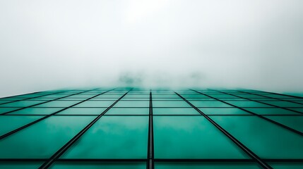 Foggy skyscraper, teal glass facade.