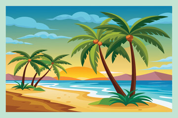Tropical Paradise: Palm trees sway gently on a sandy beach, inviting you to escape and bask in the sun, with the ocean, sun, and sky painted in a warm, inviting palette.