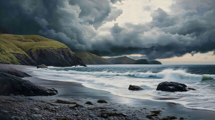 Obraz premium Dramatic Seascape: Stormy Ocean Waves Crashing on Rocky Coast
